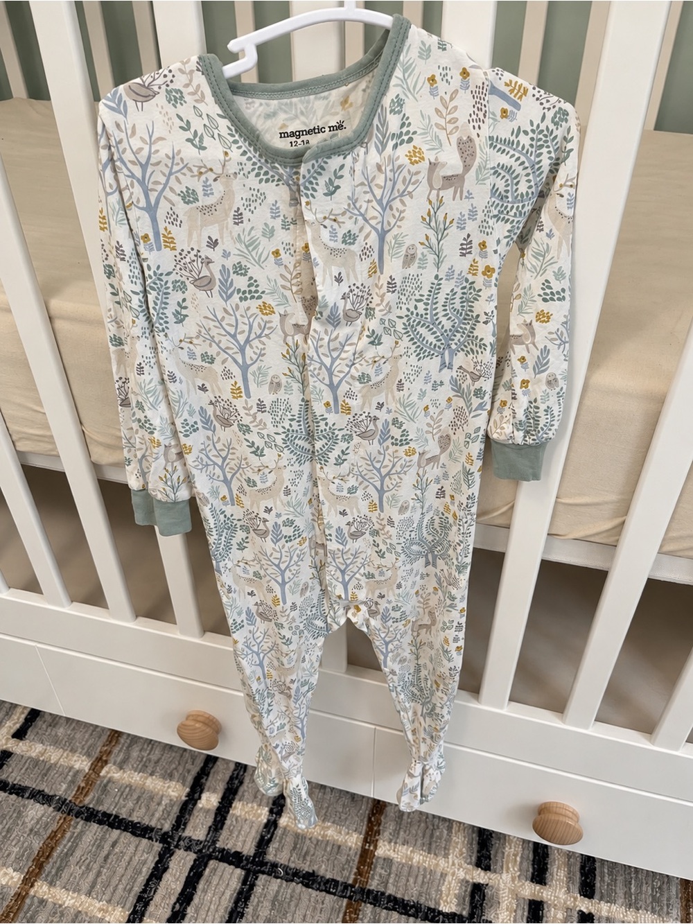Magnetic Me Cream Footed Pajamas with Sage & Mustard Woodland Print